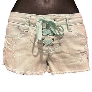 Ocean Drive Seafoam Green Distressed Lace-Up Jean Shorts Women’s 0